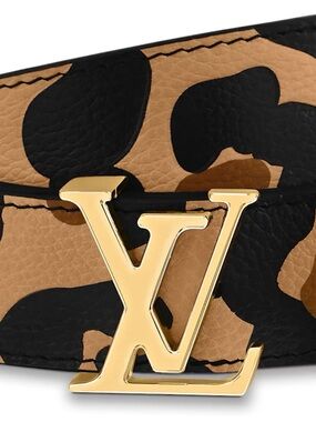 Louis Vuitton Black & Tan Leopard Print Leather Belt with Gold LV Buckle